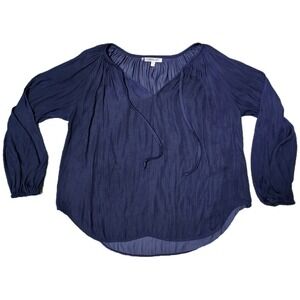 Umgee Boho‎ Peasant Top Navy Blue Tie V Neck Long Sleeve Blouse (F)